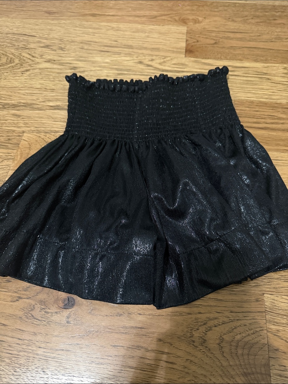QUEEN OF SPARKLES Shimmery Black High-Waist Smocked Swing Shorts XS
